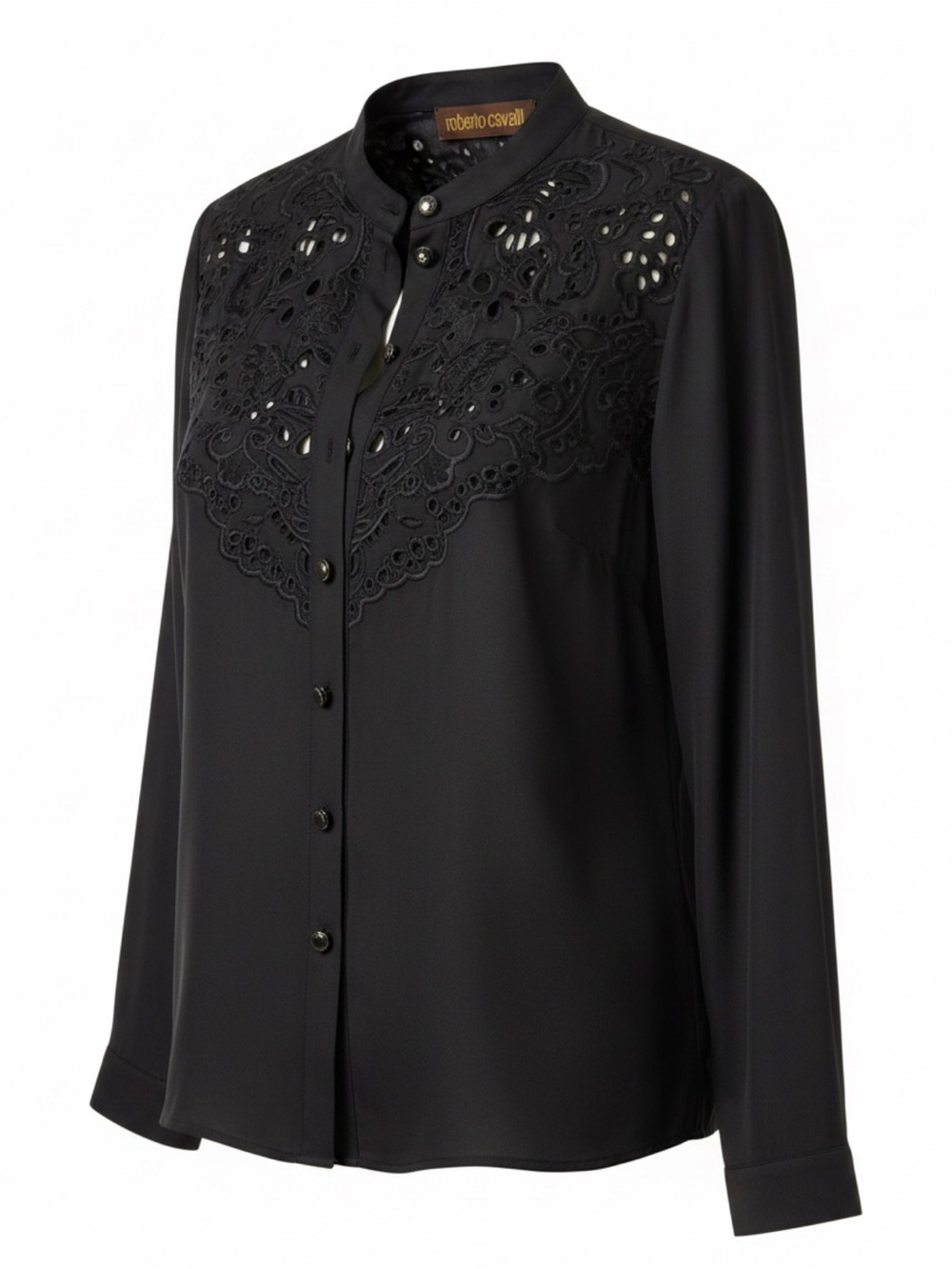 Roberto Cavalli Black Long-Sleeve Embroidered Yoke Blouse - 100% Silk